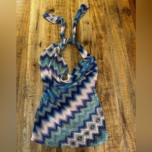 Ramy Brook Blue and Pink Zigzag striped halter tank top sleeveless open back NEW